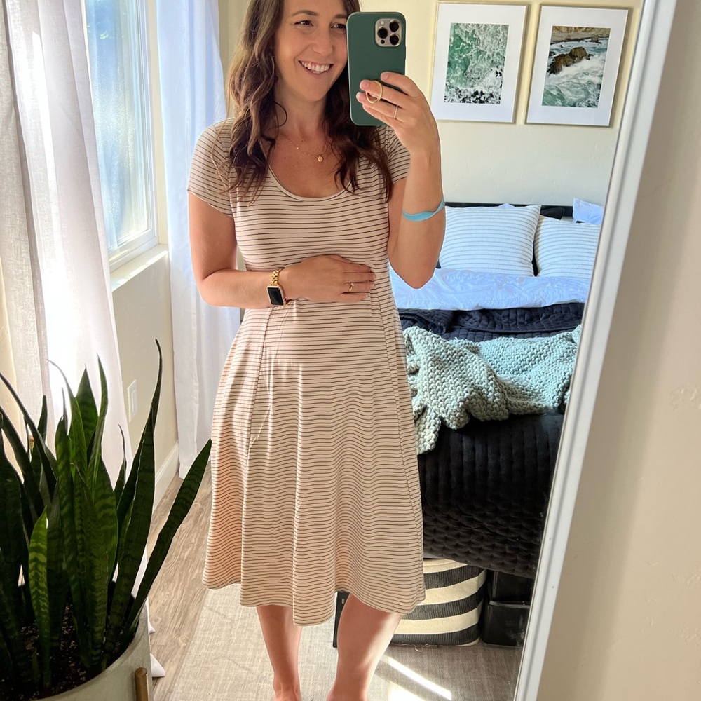 The Nines by HATCH Beige Striped Midi Dress